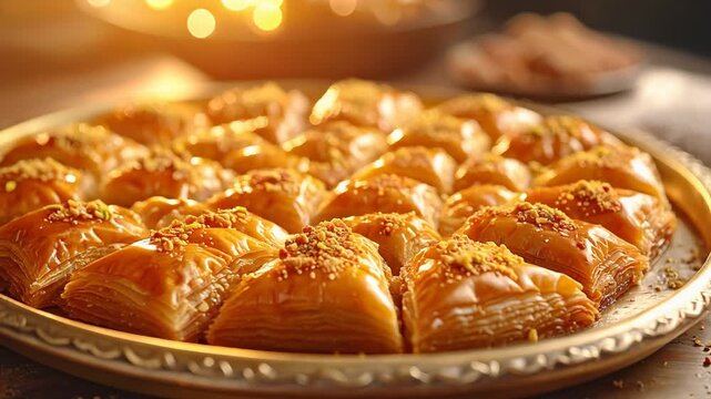 Turkish Baklava pastry tray with chopped nuts, filmed with a 360-degree camera orbit. Middle Eastern dessert, sweet food, and holiday treat.