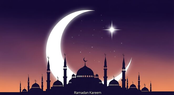 Ramadan kareem illustration with mosque silhouette crescent moon and star