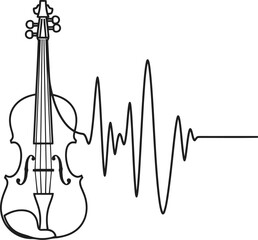 A continuous line art drawing of a classical violin with an abstract sound wave, representing music, harmony, and artistic expression