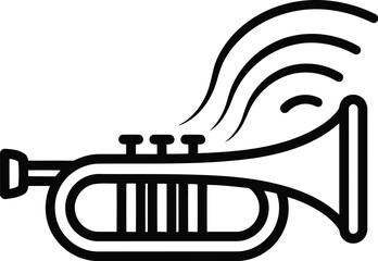 Simple black outline icon of a trumpet, a brass musical instrument, emitting sound waves, representing music, jazz, orchestra, or a concert