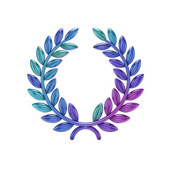Vibrant iridescent laurel wreath with a gradient of blue and purple on a black background
