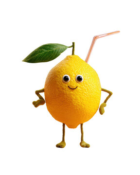 Anthropomorphic yellow lemon character with googly eyes and straw fruit, Isolated On Black Background, Png Transparent Background, Cut Out