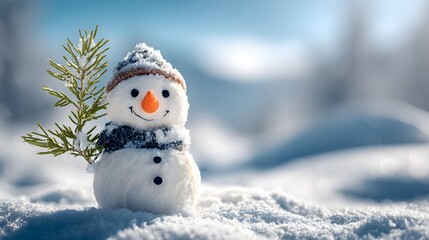 Obraz premium Charming Snowman with Pine Branch in a Winter Wonderland.