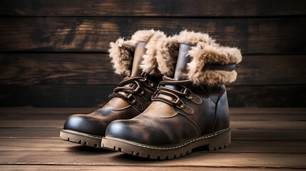 winter shoes standing proudly in fresh snow, embodying style and functionality in the snowy landscape.a pair of winter boots with snow falling in the background
