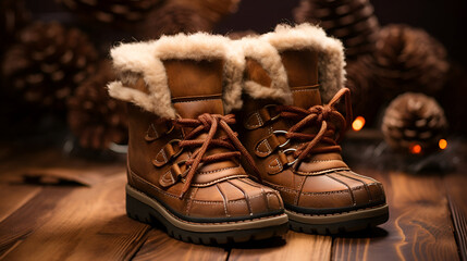  winter shoes standing proudly in fresh snow, embodying style and functionality in the snowy landscape.a pair of winter boots with snow falling in the background
