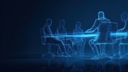 A digital rendering portrays a corporate meeting, with glowing wireframe figures engaged in a collaborative discussion around a table. ..Created with Generative AI, not depicting real subjects.