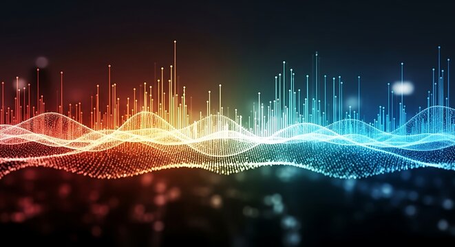 Abstract colorful digital waveform data visualization with glowing particles