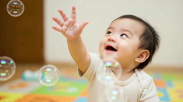 Asian Baby reaching for bubbles with a joyful expression indoors  