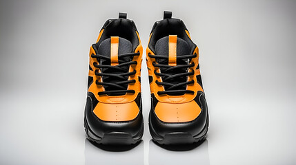 Pair of orange safety leather shoes isolated on white background. Work shoes for men in factory or industry to protect foot from accident. Safety footwear. Oil and acid resistant shoesPair of black 