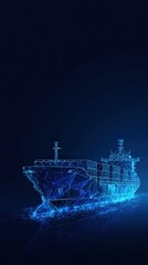 A futuristic digital container ship glides through the deep blue sea, glowing with a network of digital lines. ..Created with Generative AI, not depicting real subjects.