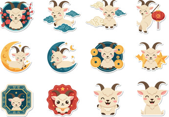 Cute Goat Zodiac Sticker Set with Lunar New Year Elements