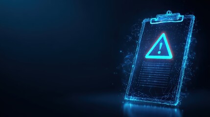 A digital illustration of a clipboard, featuring a glowing caution symbol to represent a safety hazard, potential problem. ..Created with Generative AI, not depicting real subjects.