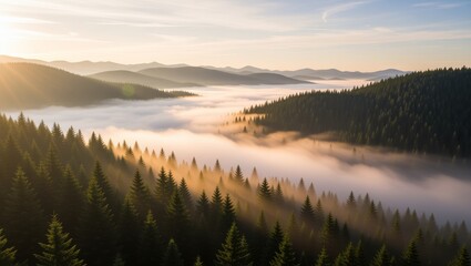 Sunrise through misty forest valley with mountains
