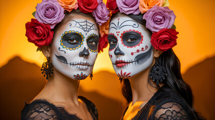 Two women with mesmerizing sugar skull makeup and vibrant floral crowns gaze forward, embodying the rich cultural heritage and spiritual essence of D&iacute;a de Muertos against a warm, evocative backdrop