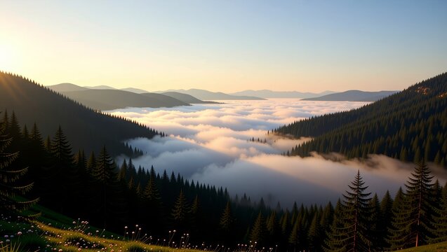 Sunrise over mountain valley with forest and fog