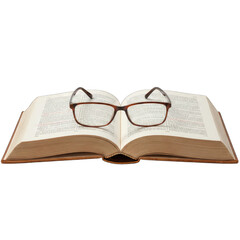 Open antique book with pages filled with text and eyeglasses resting on top isolated on a neutral background with soft shadows suggesting a scholarly atmosphere