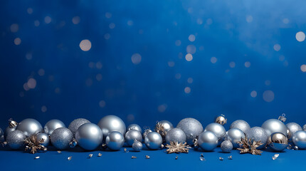 Silver globes and metallic decorations resting on vibrant blue surface setup