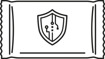 Outline icon of a secure packet or wrapper with a shield and circuit board pattern, symbolizing digital security, data protection, and cybersecurity