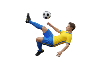 Male soccer player in yellow and blue uniform performs bicycle kick with ball isolated isolated on transparent background