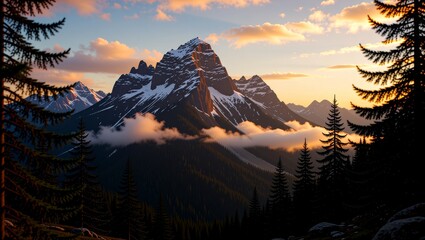 Snowcapped mountain range at sunset with pine trees and clouds