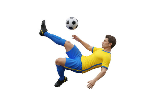 Male soccer player in yellow and blue uniform performs bicycle kick with ball isolated isolated on transparent background