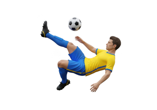 Male soccer player in yellow and blue uniform performs bicycle kick with ball isolated isolated on transparent background