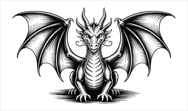 Fototapeta Ferocious Flying Dragon with Detailed Wings - Black and White Fantasy Creature
