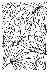 A delightful coloring page featuring two exotic parrots perched gracefully on a tree branch amidst lush tropical foliage for nature lovers
