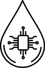 Microchip within a water drop icon, symbolizing liquid cooling, sustainable technology, and the future of advanced electronics