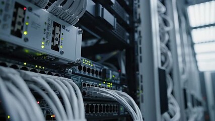 Data Center Server Racks with Cables and Lights in a Modern Facility.