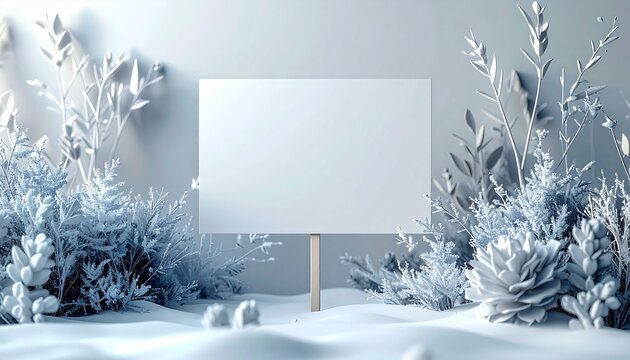 Adorable paper cutout of a blank floral sign in a snowy garden