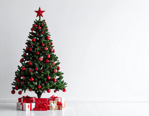 Vibrant Christmas tree stands adorned with festive red decoration and sparkling ornaments. Wrapped holiday gift box surround base, evoking joyful celebration for season