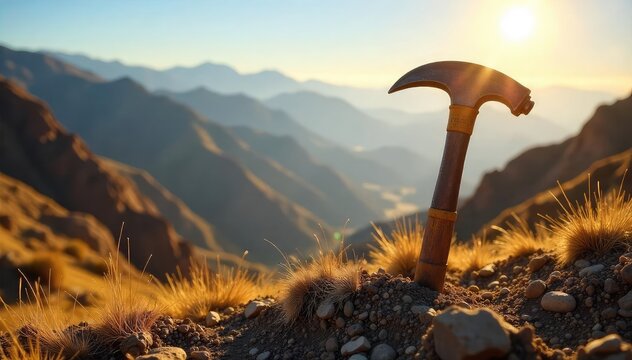 A lone gold miner's pickaxe rests against a sun-drenched hillside, overlooking a vast California landscape The scene evokes the state's rich gold rush history and rugged beauty , pickaxe, miner