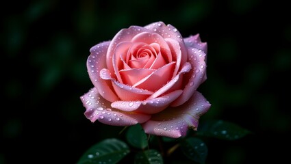 Pink rose with dewdrops on dark green background