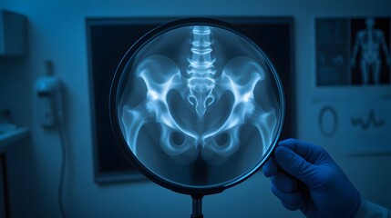 Analyzing pelvic bone x-ray with magnifying glass for medical diagnosis, research or education in a modern clinic setting for healthcare solutions