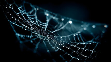 Close up of a spider web covered in dew drops at night.