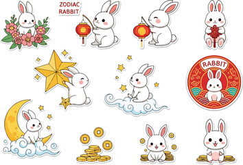 Fototapeta premium Cute Zodiac Rabbit Sticker Set Lunar New Year, Spring Festival Illustrations