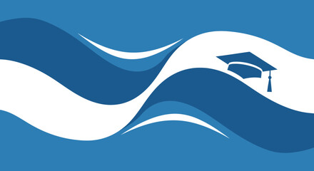 Graduation Cap on Abstract Blue and White Waves Background.