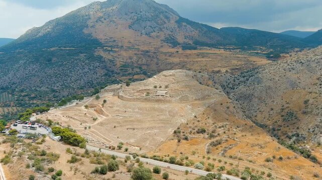 Mycenae, Greece. Excavation site: Greek settlement of the 12th century BC. e. with the ruins of the acropolis, palace and tombs. Drone footage