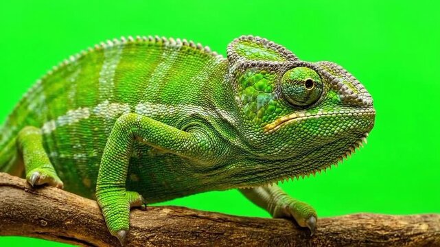 Watch this chameleon dynamically change colors against a vibrant green backdrop, showcasing nature's amazing adaptations and camouflage skills