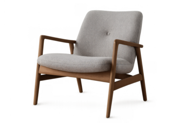 Modern upholstered armchair, mid century design, light gray fabric, wooden frame, cozy furniture, transparent background