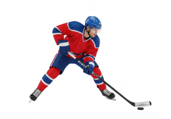 Ice hockey player in red and blue uniform skating with stick and puck isolated on transparent background