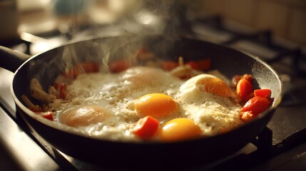 Close up of eggs and tomatoes cooking in a pan on a stove.