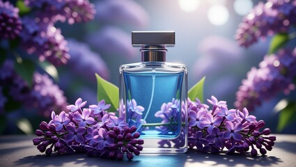 Perfume Bottle Surrounded Purple Lilacs