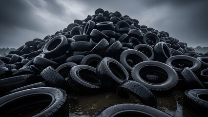 Obraz premium A Somber Mountain of Discarded Tires Under a Gloomy Sky, Tires piled high in a wasteland, environmental concerns in a striking monochrome landscape