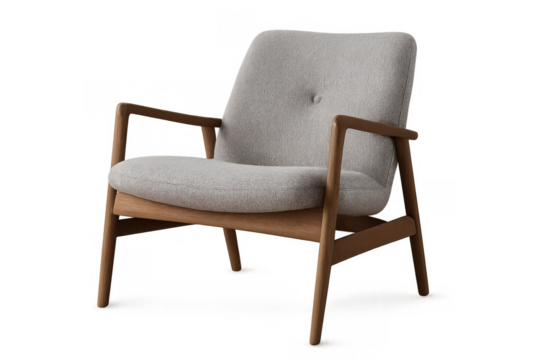 Modern upholstered armchair, mid century design, light gray fabric, wooden frame, cozy furniture, transparent background