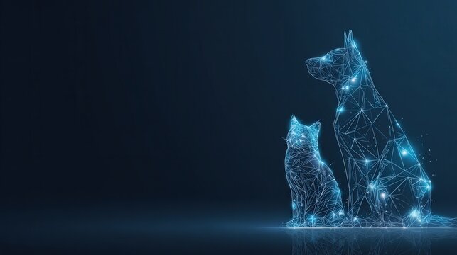 A digital representation of a cat and dog is made from glowing blue lines against a dark background, reflecting the beauty of modern tech. ..Created with Generative AI, not depicting real subjects.