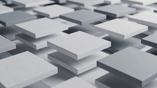 Abstract arrangement of staggered light grey squares on a white surface