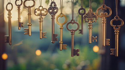 A collection of antique skeleton keys hanging against a warm golden sunset with a bokeh background, symbolizing solutions, opportunity, and success