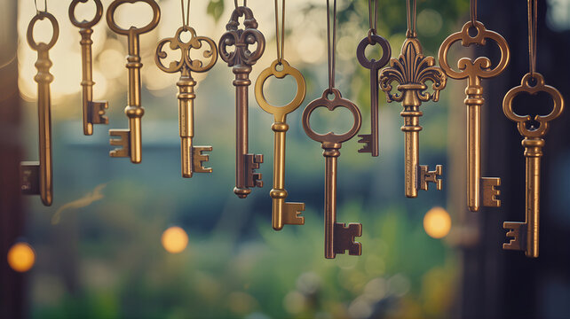 A collection of antique skeleton keys hanging against a warm golden sunset with a bokeh background, symbolizing solutions, opportunity, and success